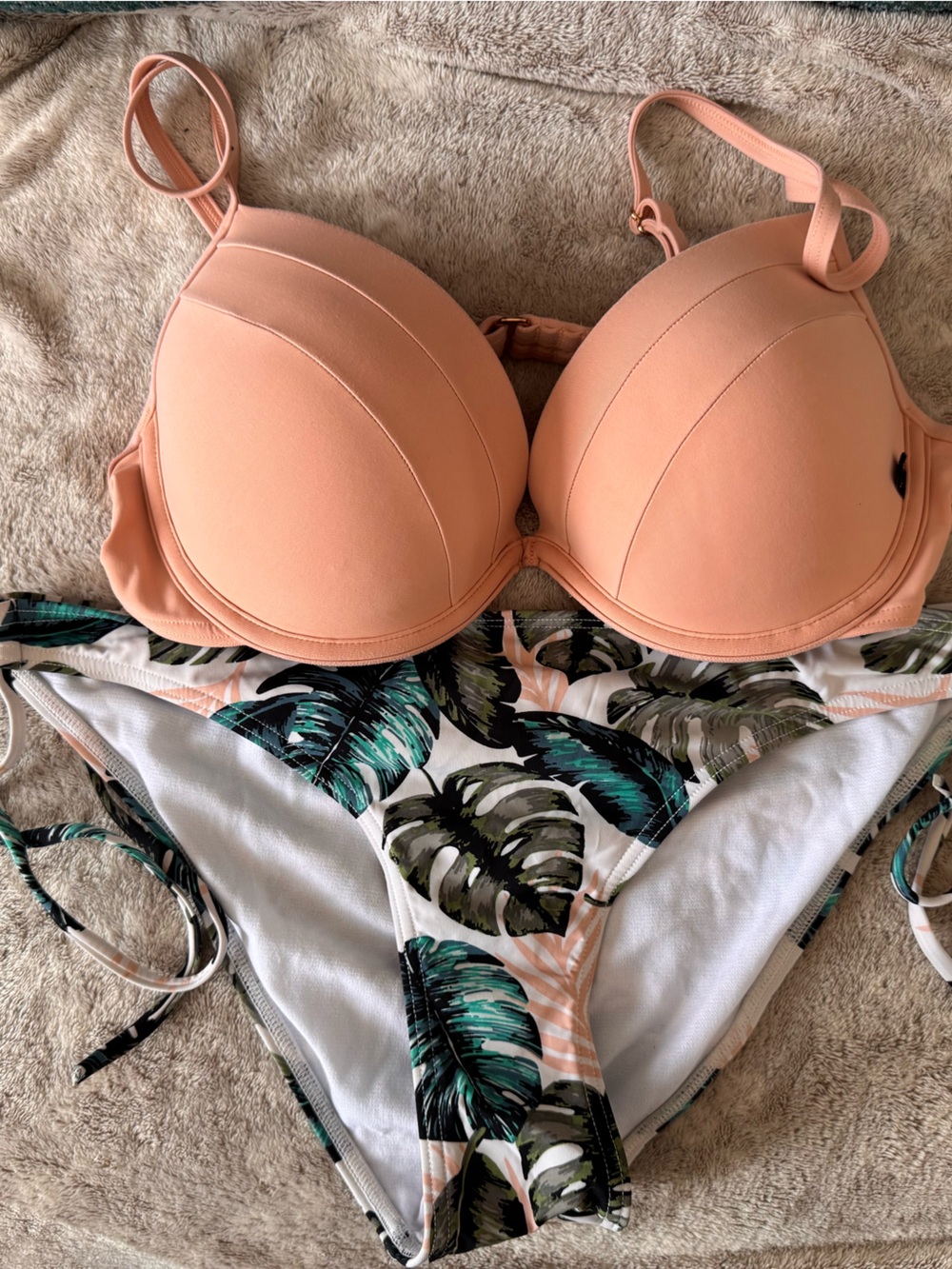 La Vie En Rose Peach Push Up Bikini Top with Tropical Leaf Print Bottom